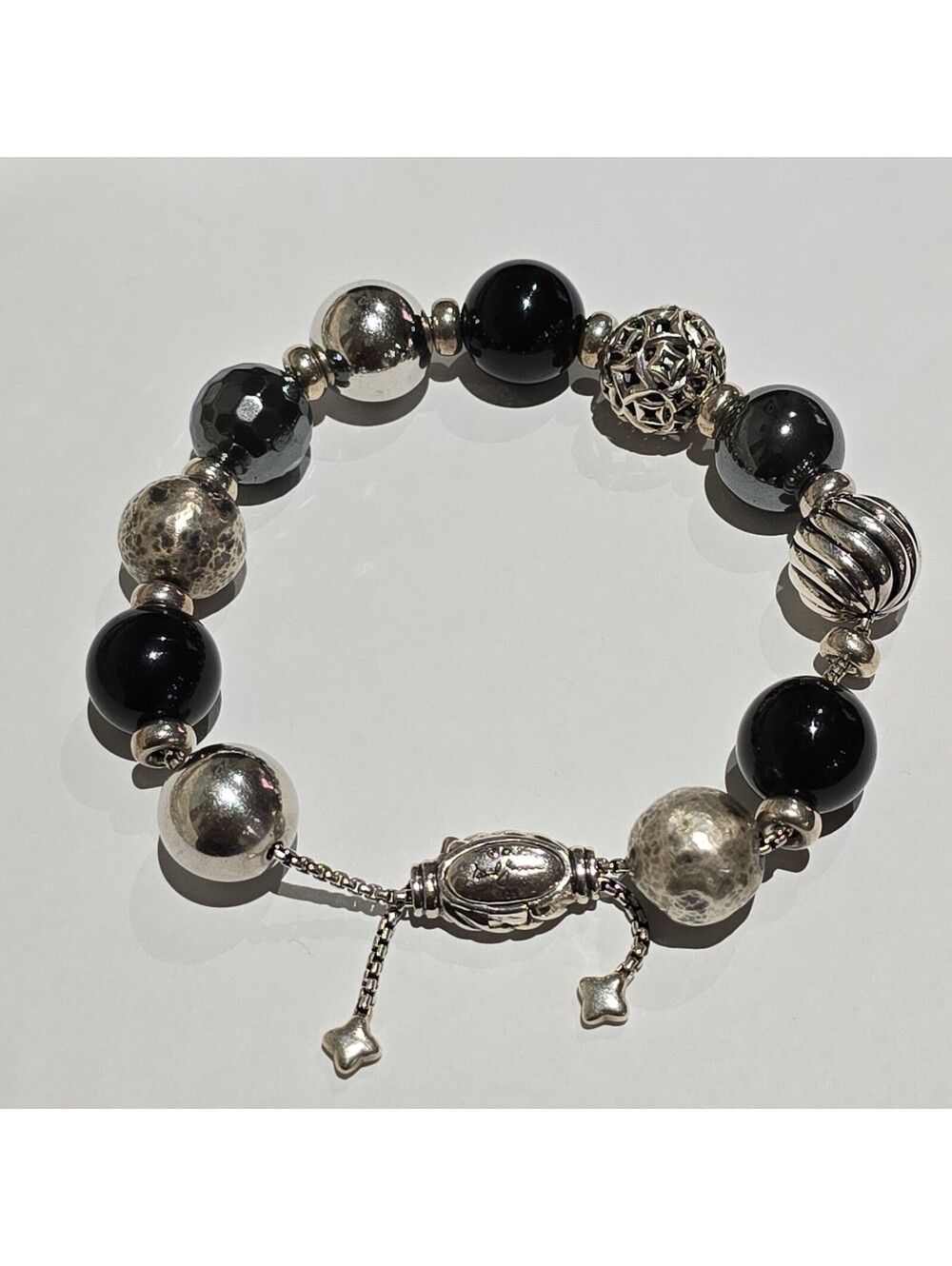 David Yurman Elements Silver, Onyx, & Hematite Adjustable Beaded Bracelet